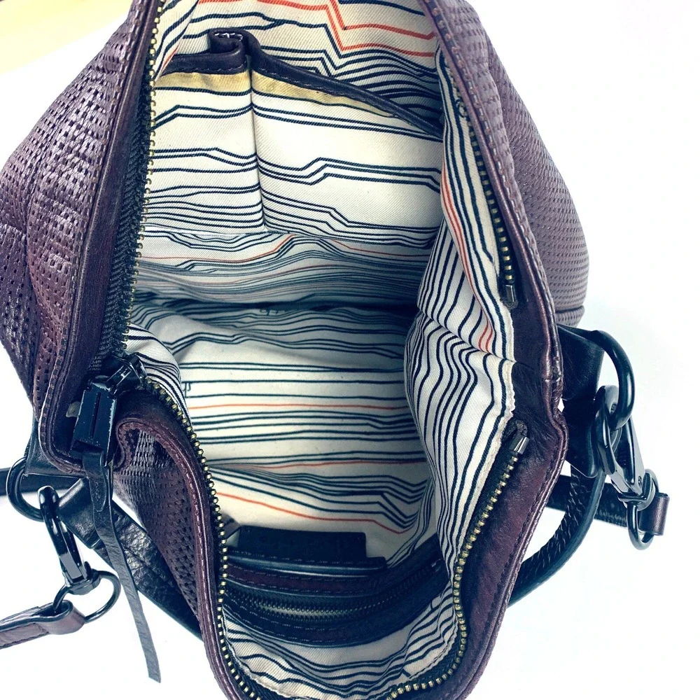 She + Lo Burgundy Perforated Leather Hobo Bucket Crossbody Shoulder Bag Edgy SEE